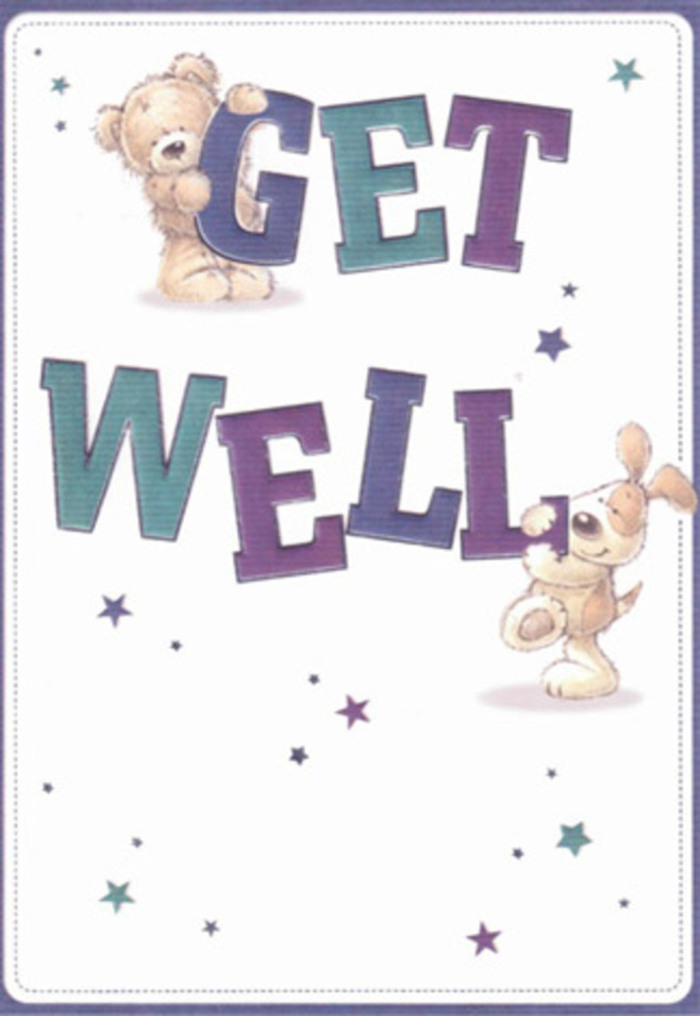 Cheerful reassurance fills this vibrant get well card, a perfect companion for a thoughtful bouquet delivered from Coulsdon Florist. The design features two beloved friends-a plush bear in soft caramel hues and a floppy-eared puppy with downy fur-who animate the scene with their caring gestures. Sprawled across the centre are bold letters spelling out 'Get Well,' their indigo and teal gradients reminiscent of twilight skies above Coulsdon Common. Playful stars tumble and scatter, echoing the magic of heartfelt wishes sent through the air. The tactile quality of the illustrations-the bear's fuzzy warmth and the puppy's gently textured coat-brings a comforting, almost embraceable presence. The typography stands confident and clear, its bathed-in-light appearance contrasting refreshingly with the card's inviting white background. This artistic storytelling calls to mind the attention given to every bloom chosen in local arrangements, where sentiment is woven through each detail. It's a visual salve, embodying the spirit of Coulsdon's caring community, and a thoughtful gesture to boost someone's recovery, whether delivered on a quiet residential street or near the bustling town centre.